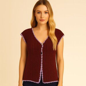 Burgundy Hand-Knit Top with Purple Trim Boho CottageCore Size Med